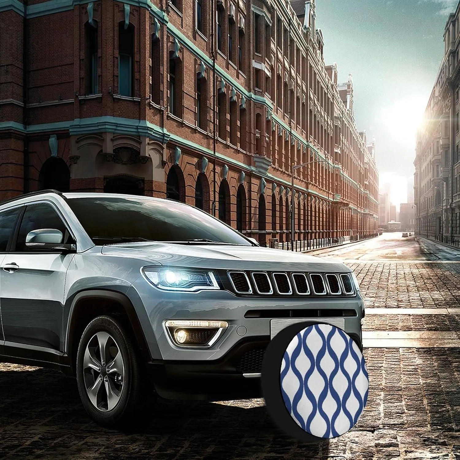 Blue Geometric Trellis Lantern Patterned Spare Tire Wheel Cover Waterproof Tire Covers Camper Spare Tire Cover Fit Wheel Accessories