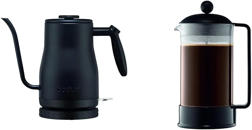 Bodum 11940-01US Bistro Gooseneck Electric Water Kettle, 34 Ounce, Black & 1548-01US Bodum Brazil French Press Coffee and Tea Maker, 34 Ounce, Black
