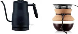 Bodum 11940-01US Bistro Gooseneck Electric Water Kettle, 34 Ounce, Black & Pour Over Coffee Maker, 17 Ounce, .5 Liter, Cork Band