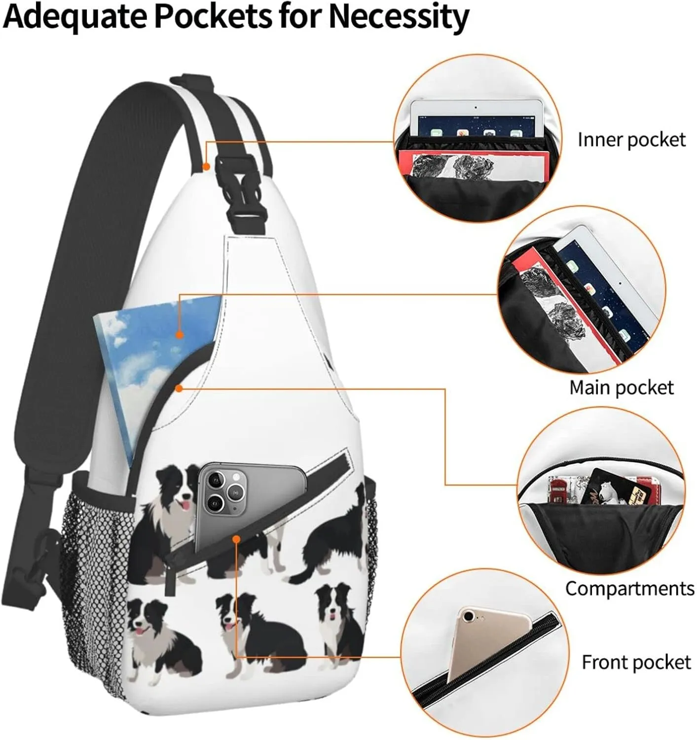 Border Collie Dog Hiking Daypacks Cross-body Sling Backpack for Men Women Outdoor Cycling Hiking Travel