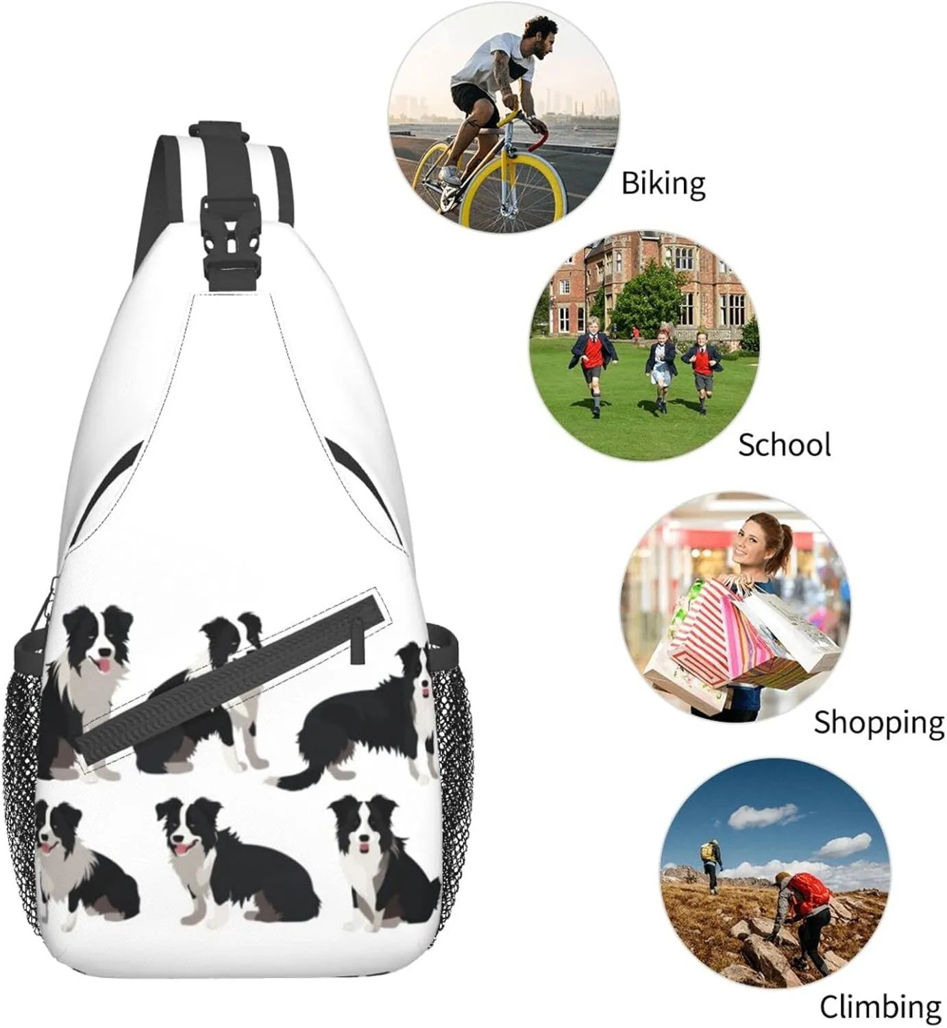 Border Collie Dog Hiking Daypacks Cross-body Sling Backpack for Men Women Outdoor Cycling Hiking Travel