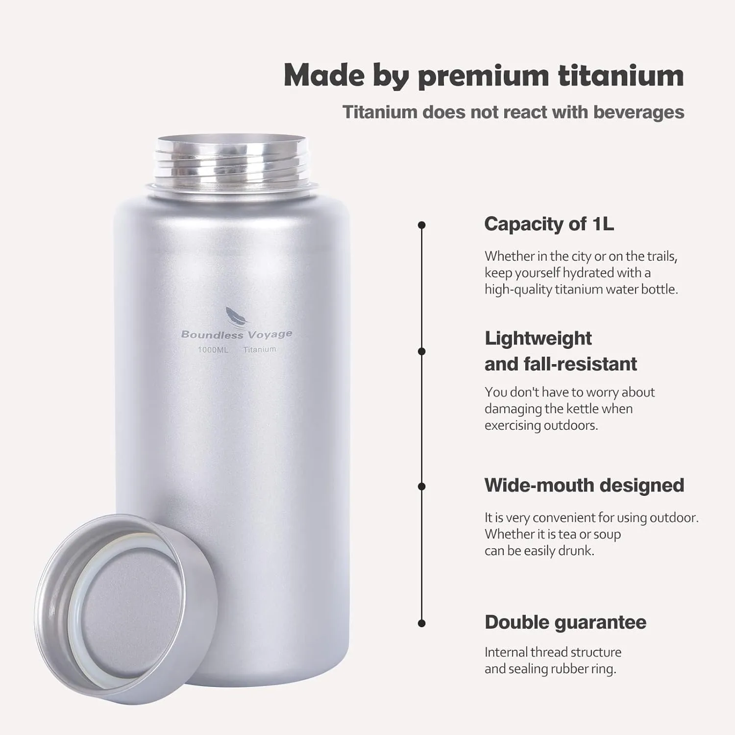 Boundless Voyage Titanium Bottle 1L Single-layer Sports Water Bottle 750ml Pot Cup Ultralight Leakproof Drinkware for Outdoor Camping Hiking (Ti3013D Bottle 1packed)