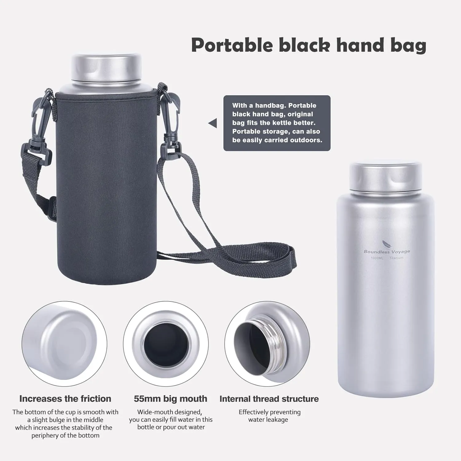 Boundless Voyage Titanium Bottle 1L Single-layer Sports Water Bottle 750ml Pot Cup Ultralight Leakproof Drinkware for Outdoor Camping Hiking (Ti3013D Bottle 1packed)