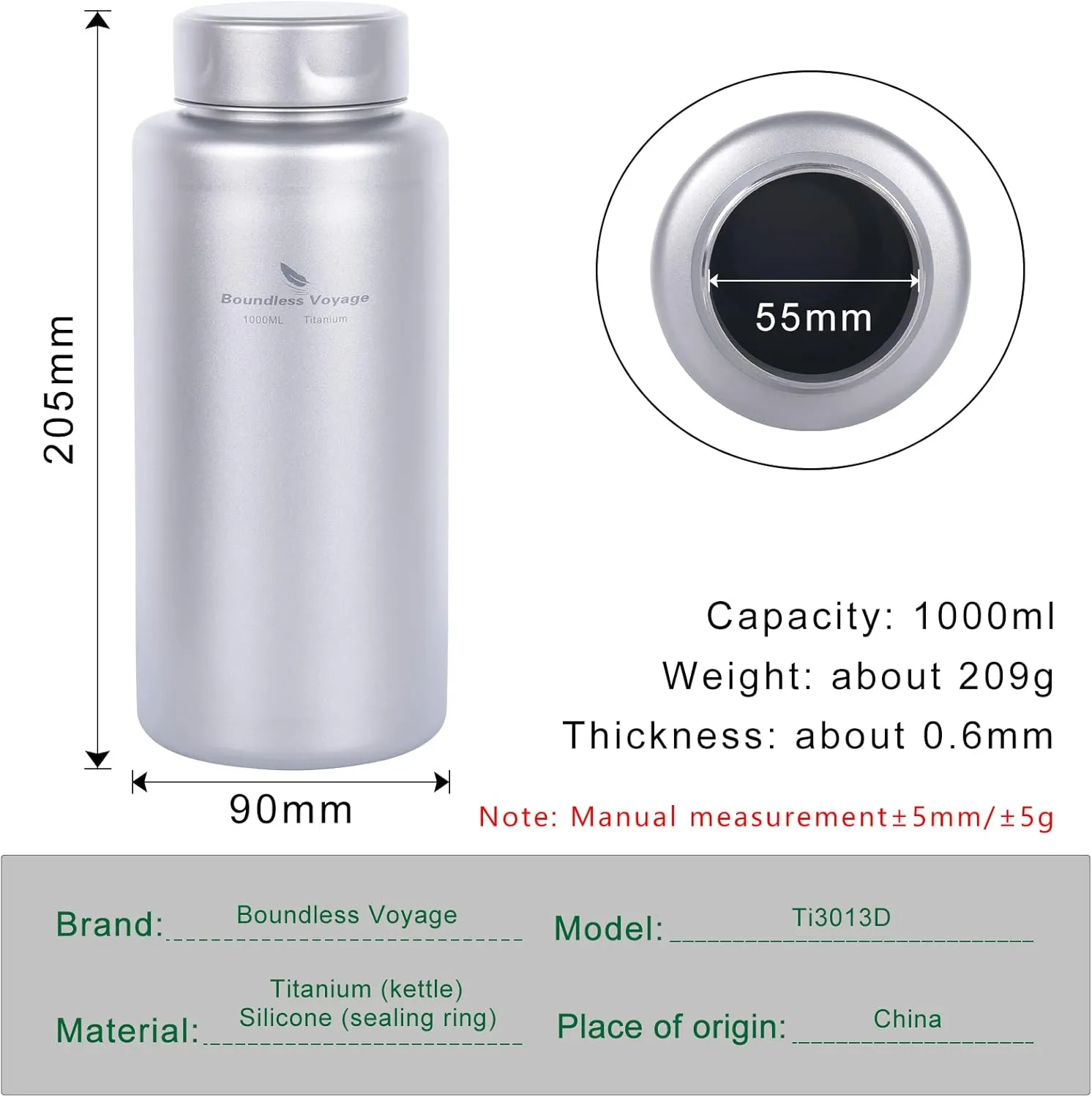 Boundless Voyage Titanium Bottle 1L Single-layer Sports Water Bottle 750ml Pot Cup Ultralight Leakproof Drinkware for Outdoor Camping Hiking (Ti3013D Bottle 1packed)