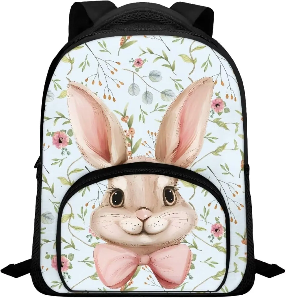 Bow Tie Rabbit Backpack for Girls 12 Inch School Bag with Shoulder Straps Floral Leaves Backpack for Teens Preschool Elementary School Students Fashion Travel Daypack Gifts