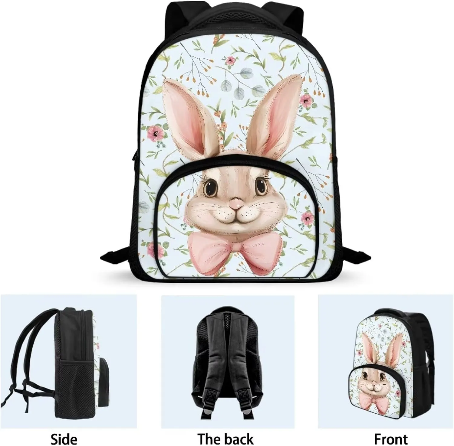 Bow Tie Rabbit Backpack for Girls 12 Inch School Bag with Shoulder Straps Floral Leaves Backpack for Teens Preschool Elementary School Students Fashion Travel Daypack Gifts