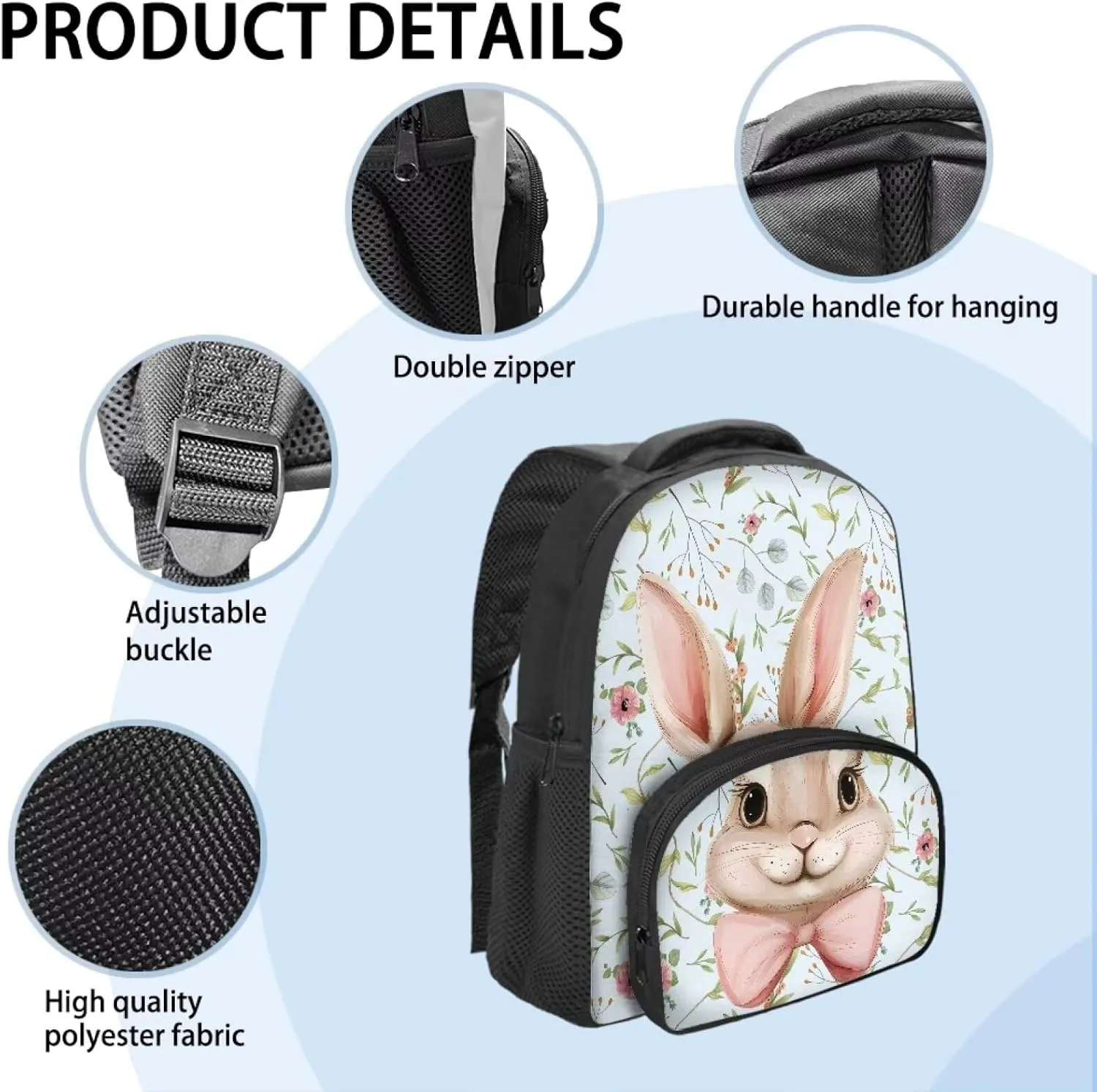 Bow Tie Rabbit Backpack for Girls 12 Inch School Bag with Shoulder Straps Floral Leaves Backpack for Teens Preschool Elementary School Students Fashion Travel Daypack Gifts