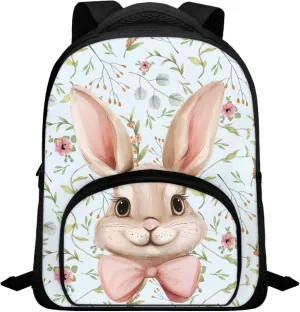 Bow Tie Rabbit Backpack for Girls 12 Inch School Bag with Shoulder Straps Floral Leaves Backpack for Teens Preschool Elementary School Students Fashion Travel Daypack Gifts