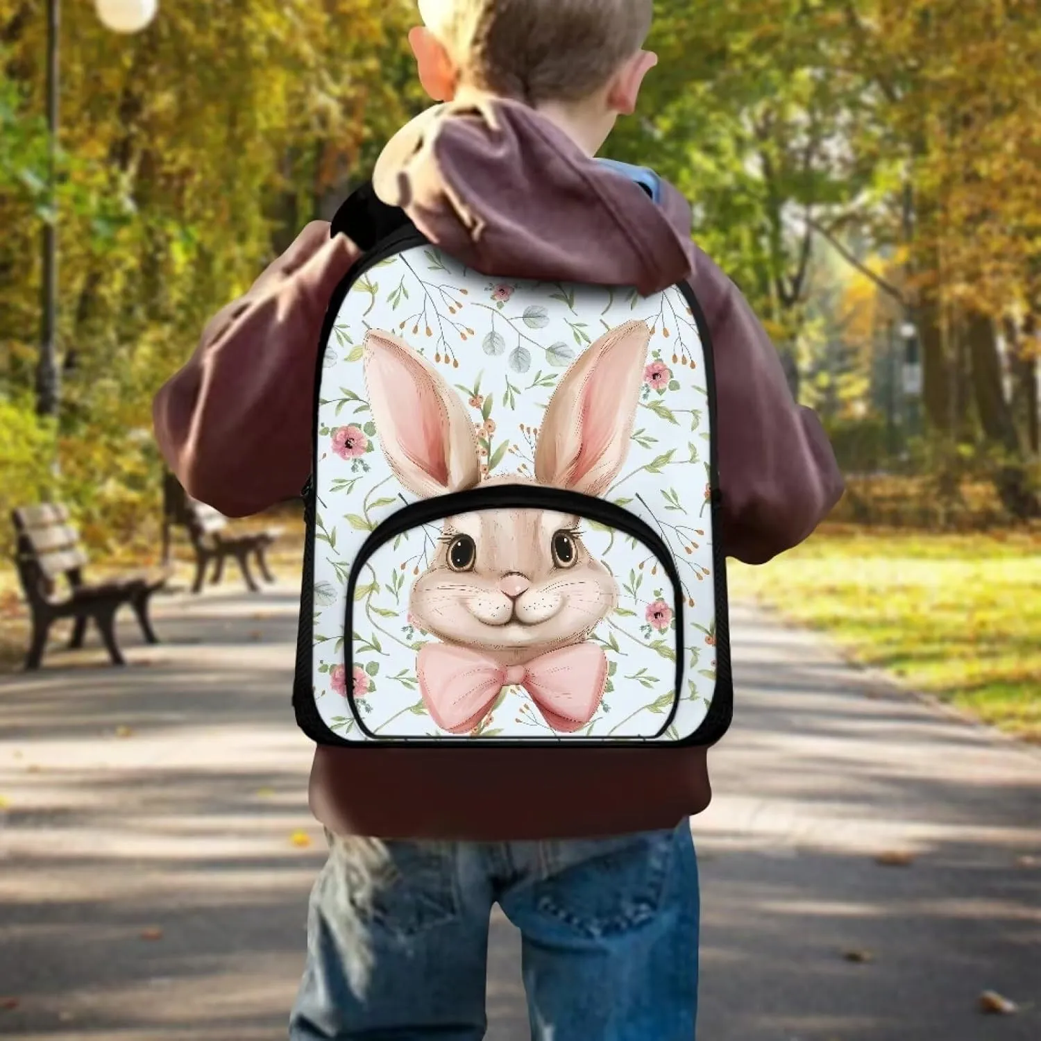 Bow Tie Rabbit Backpack for Girls 12 Inch School Bag with Shoulder Straps Floral Leaves Backpack for Teens Preschool Elementary School Students Fashion Travel Daypack Gifts