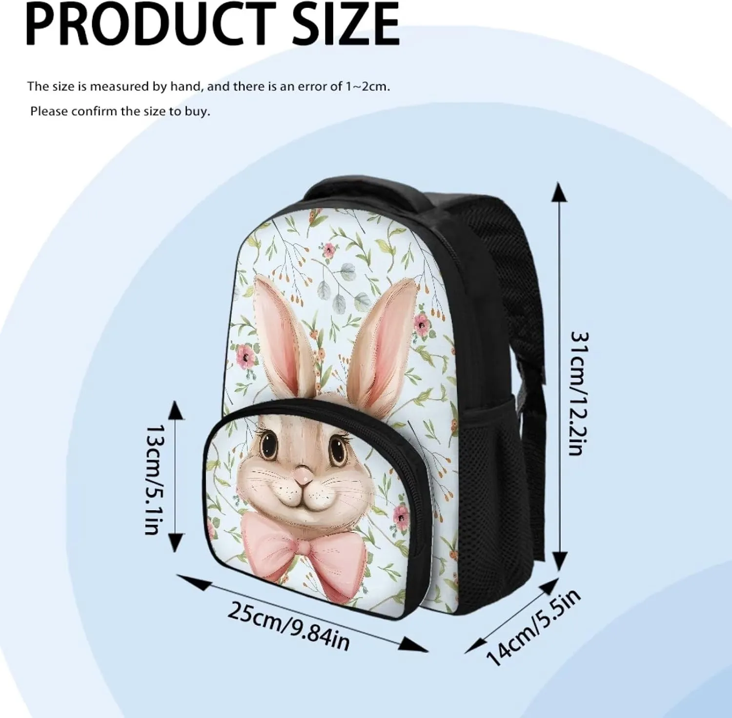 Bow Tie Rabbit Backpack for Girls 12 Inch School Bag with Shoulder Straps Floral Leaves Backpack for Teens Preschool Elementary School Students Fashion Travel Daypack Gifts
