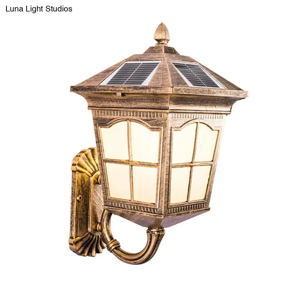 Brass Solar LED Wall Sconce with Antiqued Style, Frosted Glass – Small/Large House Lantern Wall Light