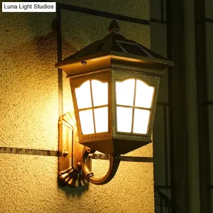 Brass Solar LED Wall Sconce with Antiqued Style, Frosted Glass – Small/Large House Lantern Wall Light