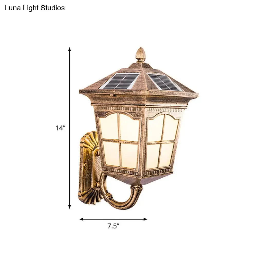 Brass Solar LED Wall Sconce with Antiqued Style, Frosted Glass – Small/Large House Lantern Wall Light