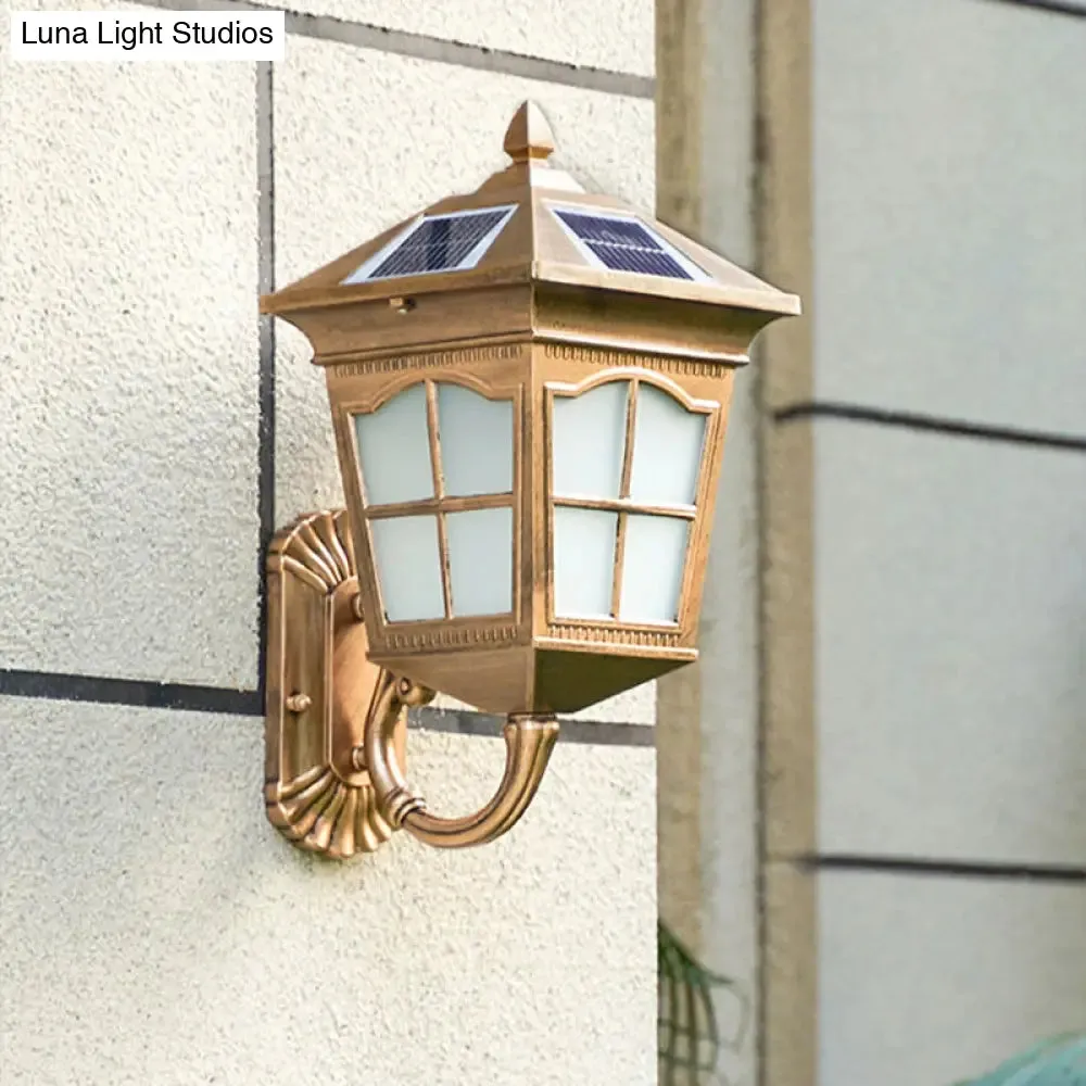 Brass Solar LED Wall Sconce with Antiqued Style, Frosted Glass – Small/Large House Lantern Wall Light