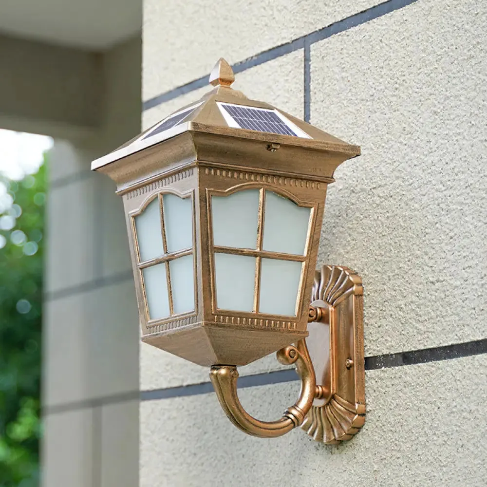 Brass Solar LED Wall Sconce with Antiqued Style, Frosted Glass – Small/Large House Lantern Wall Light