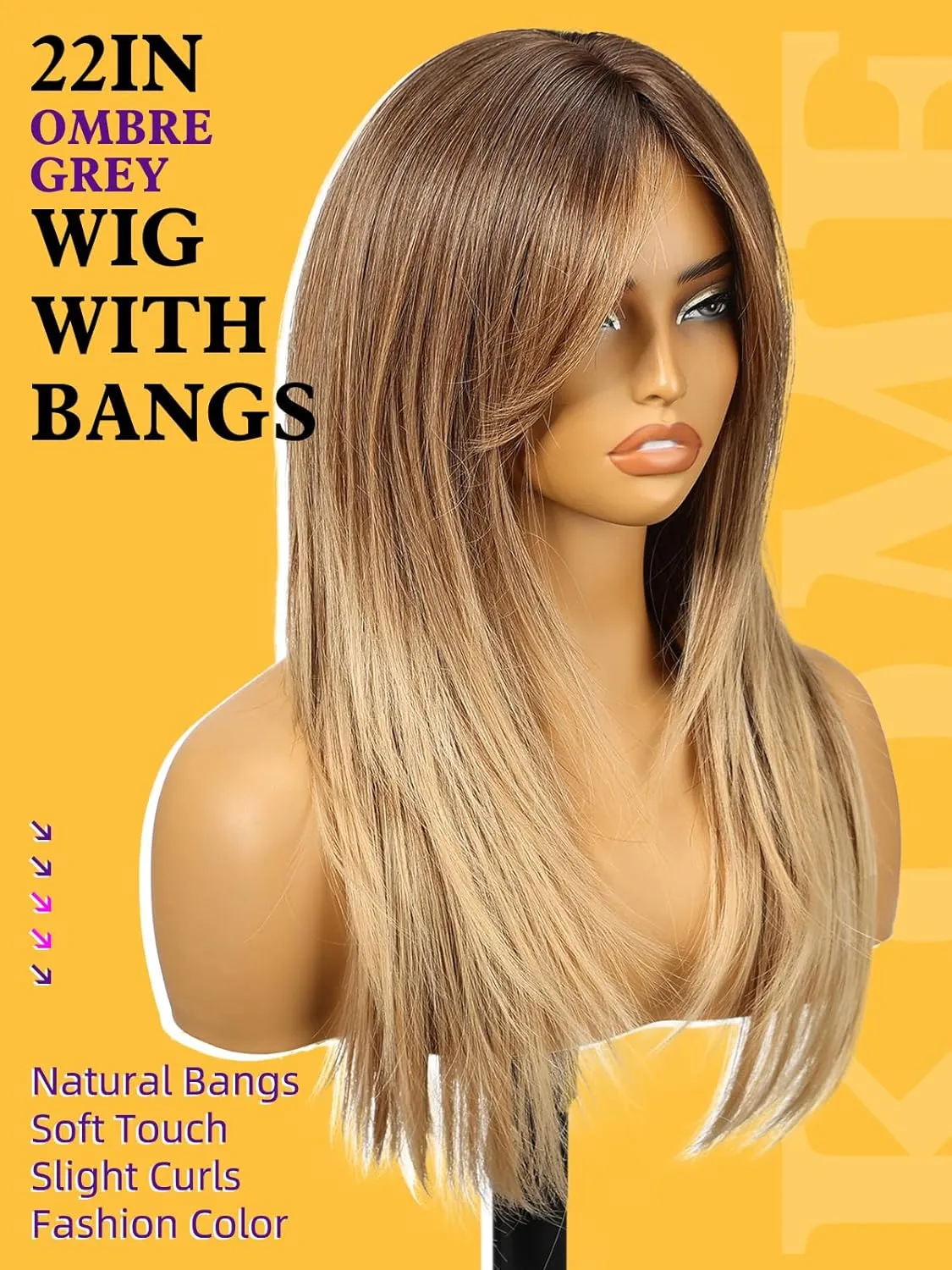Brown Wigs for Women layered Straight with Curtain Bangs Natural Synthetic Hair 24IN
