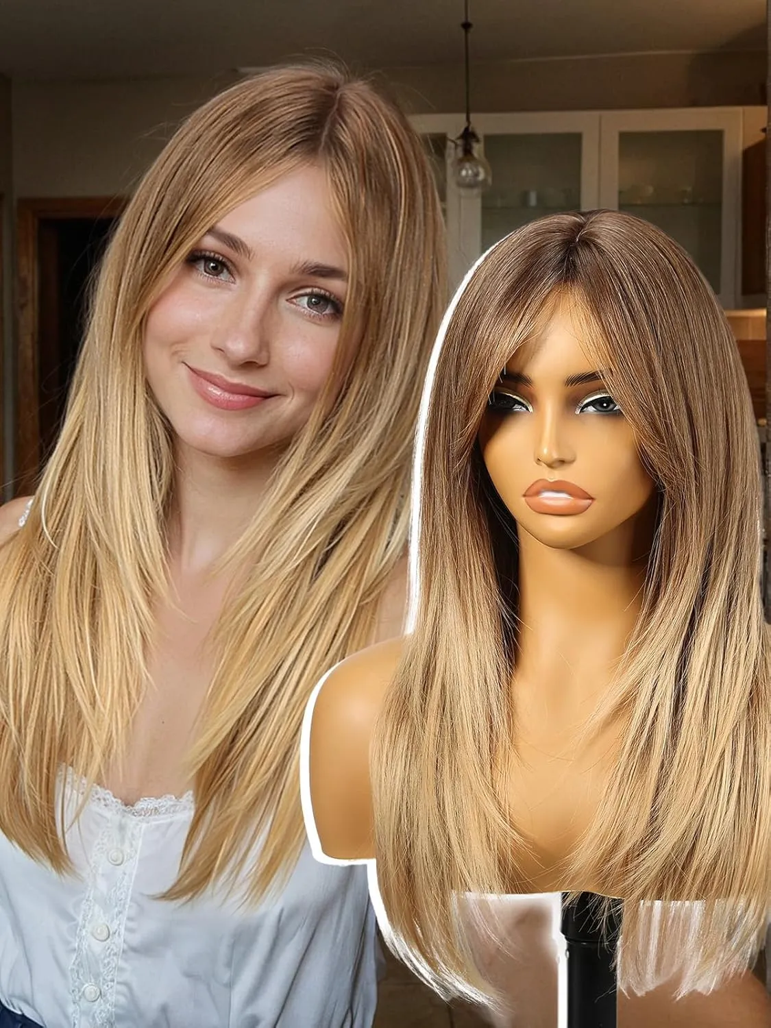 Brown Wigs for Women layered Straight with Curtain Bangs Natural Synthetic Hair 24IN