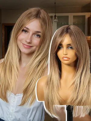Brown Wigs for Women layered Straight with Curtain Bangs Natural Synthetic Hair 24IN