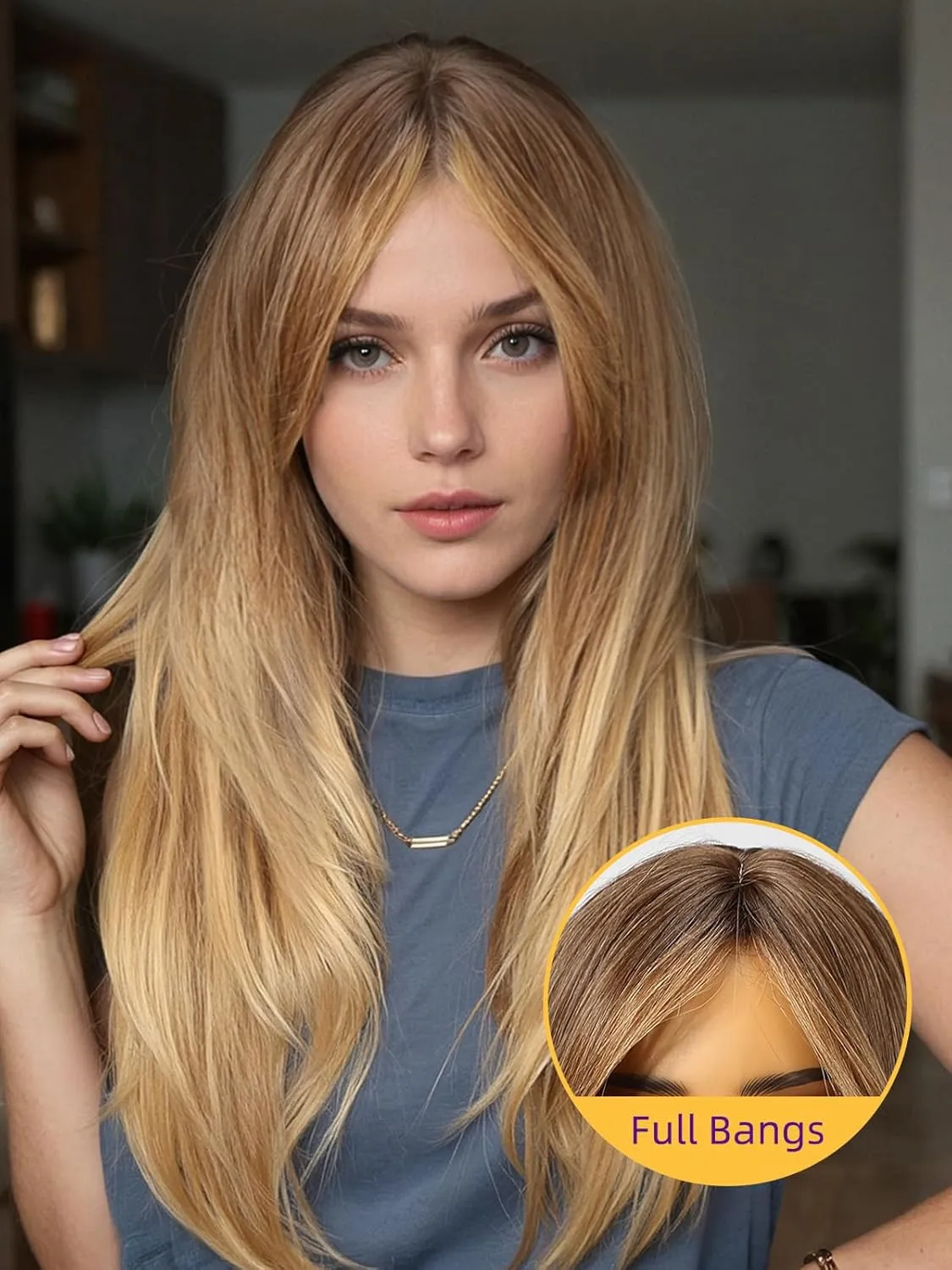 Brown Wigs for Women layered Straight with Curtain Bangs Natural Synthetic Hair 24IN