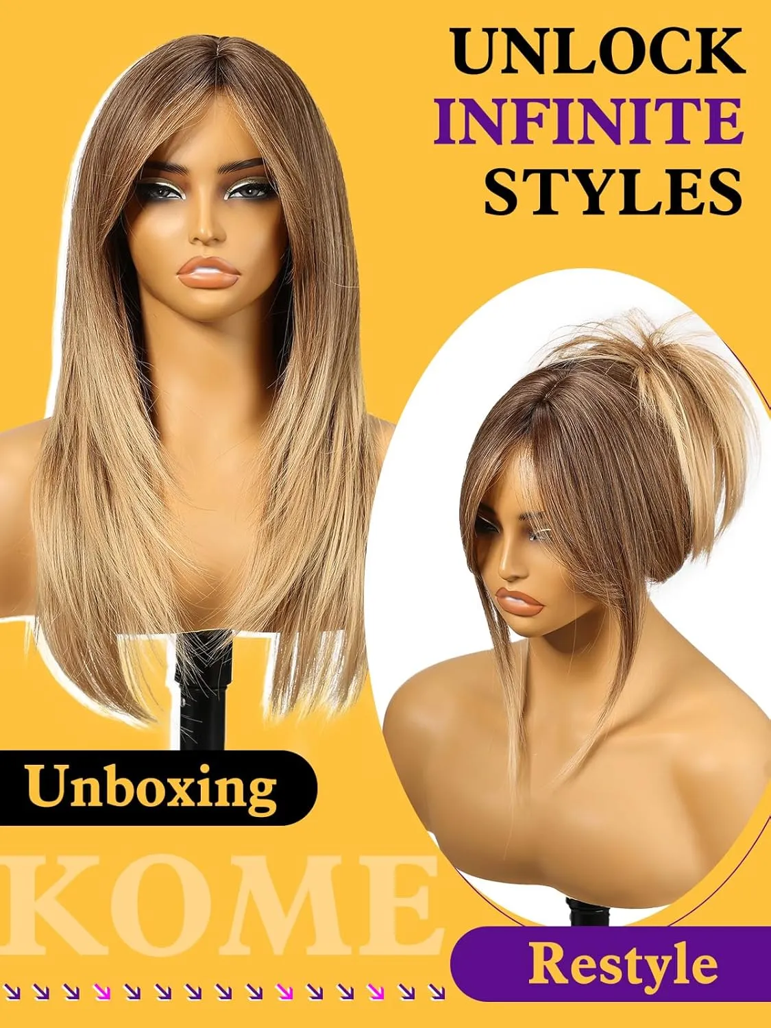Brown Wigs for Women layered Straight with Curtain Bangs Natural Synthetic Hair 24IN