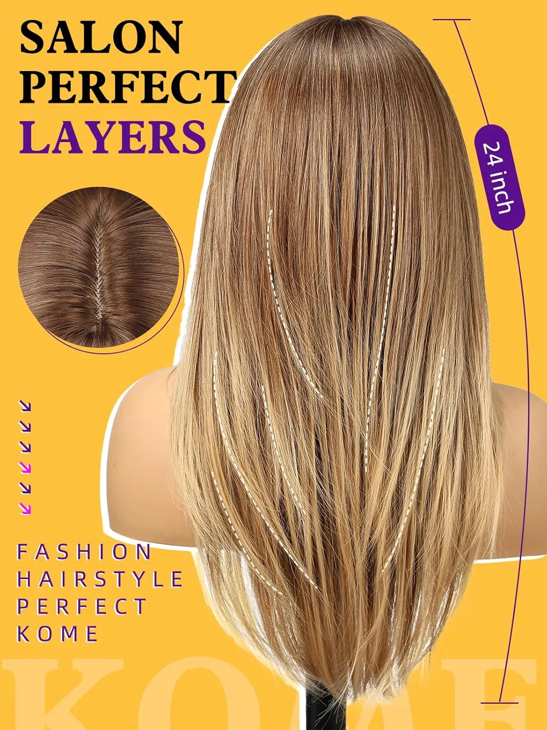 Brown Wigs for Women layered Straight with Curtain Bangs Natural Synthetic Hair 24IN