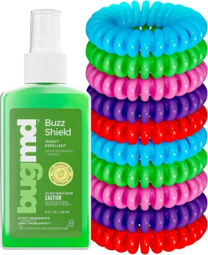 BugMD Buzz Shield Mosquito and Insect Repellent Spray and BugMD 10 Pack Mosquito Bracelets, DEET-Free Bands for Adults & Kids Bundle