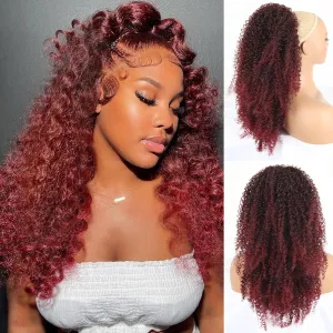 Burgundy Kinky Curly Ponytail Ombre Drawstring Ponytail Extension Long Afro Kinky Ponytail Hair Clip on Black Mix Red Synthetic 26Inch Kinky Ponytail Clip Curly Hair Pieces