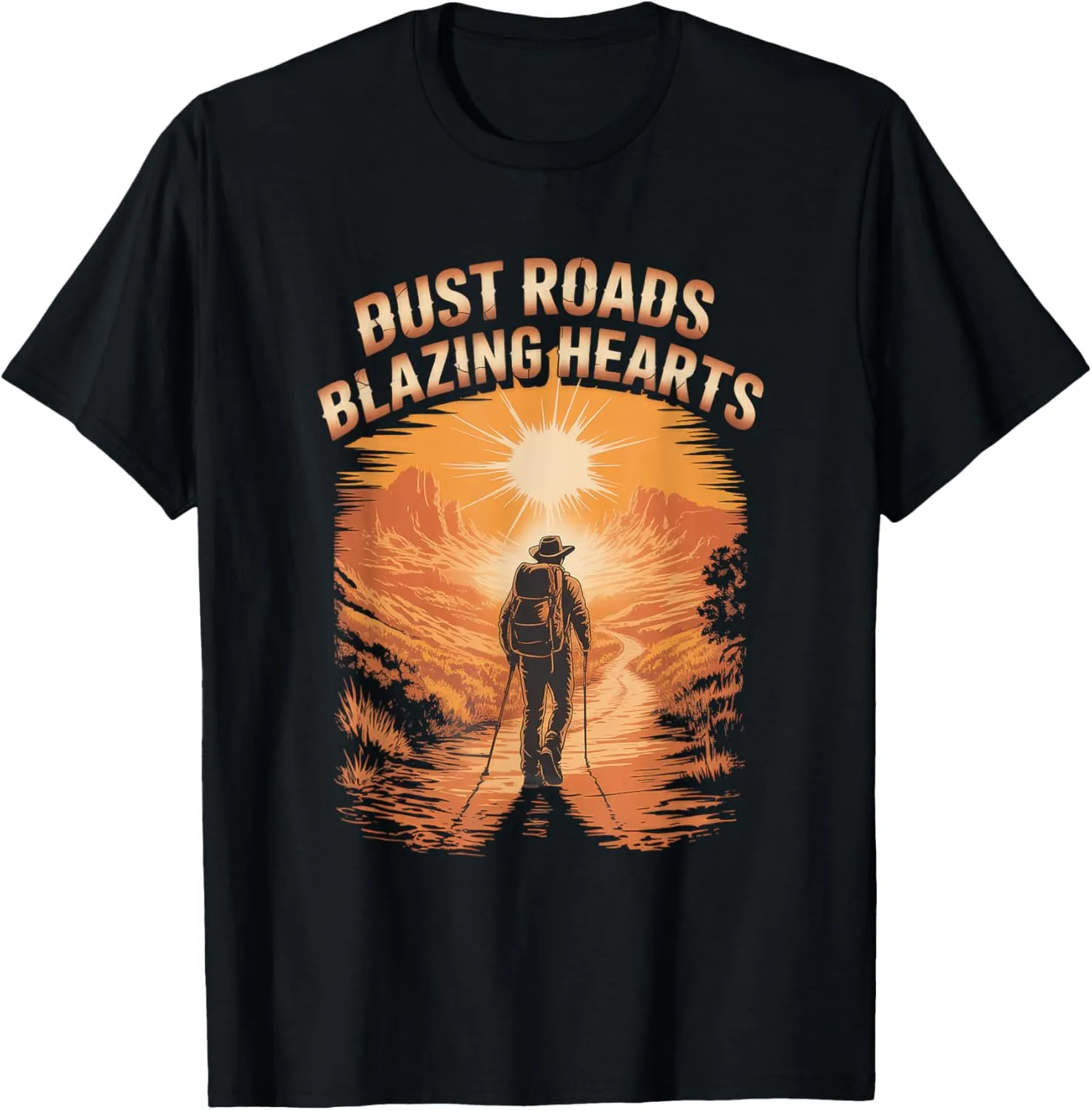 Bust Roads Blazing Hearts Desert Path Trekking Expedition T-Shirt