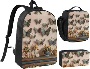 butterfly decor 02 print Backpack 3pcs Set Including 17 Inch Large BookBag With Lunch Bag And Practical Pen Bag
