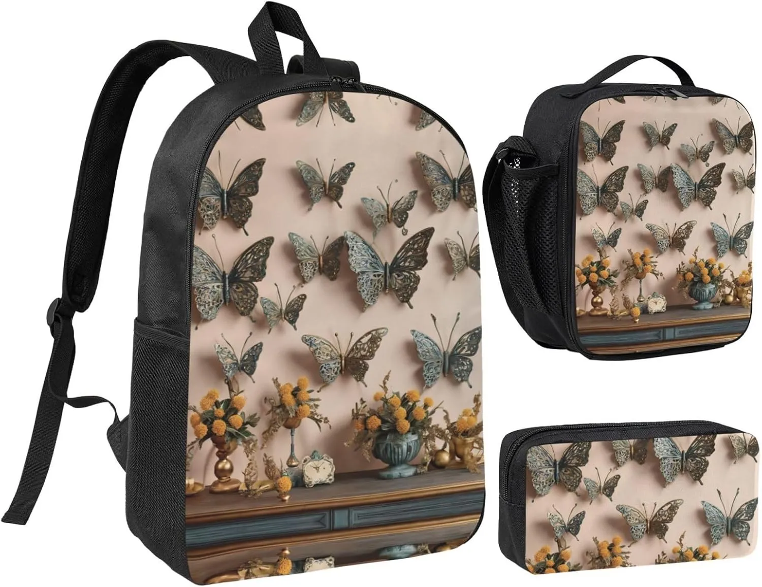 butterfly decor 02 print Backpack 3pcs Set Including 17 Inch Large BookBag With Lunch Bag And Practical Pen Bag
