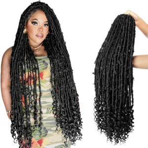 Butterfly Locs with Curly End 30 Inch, 6 Packs Boho Distressed Locs Crochet Hair, Bohemian Goddess Faux Butterfly Braids with Wavy Ends (1#, Jet Black)