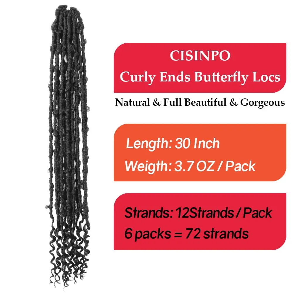 Butterfly Locs with Curly End 30 Inch, 6 Packs Boho Distressed Locs Crochet Hair, Bohemian Goddess Faux Butterfly Braids with Wavy Ends (1#, Jet Black)