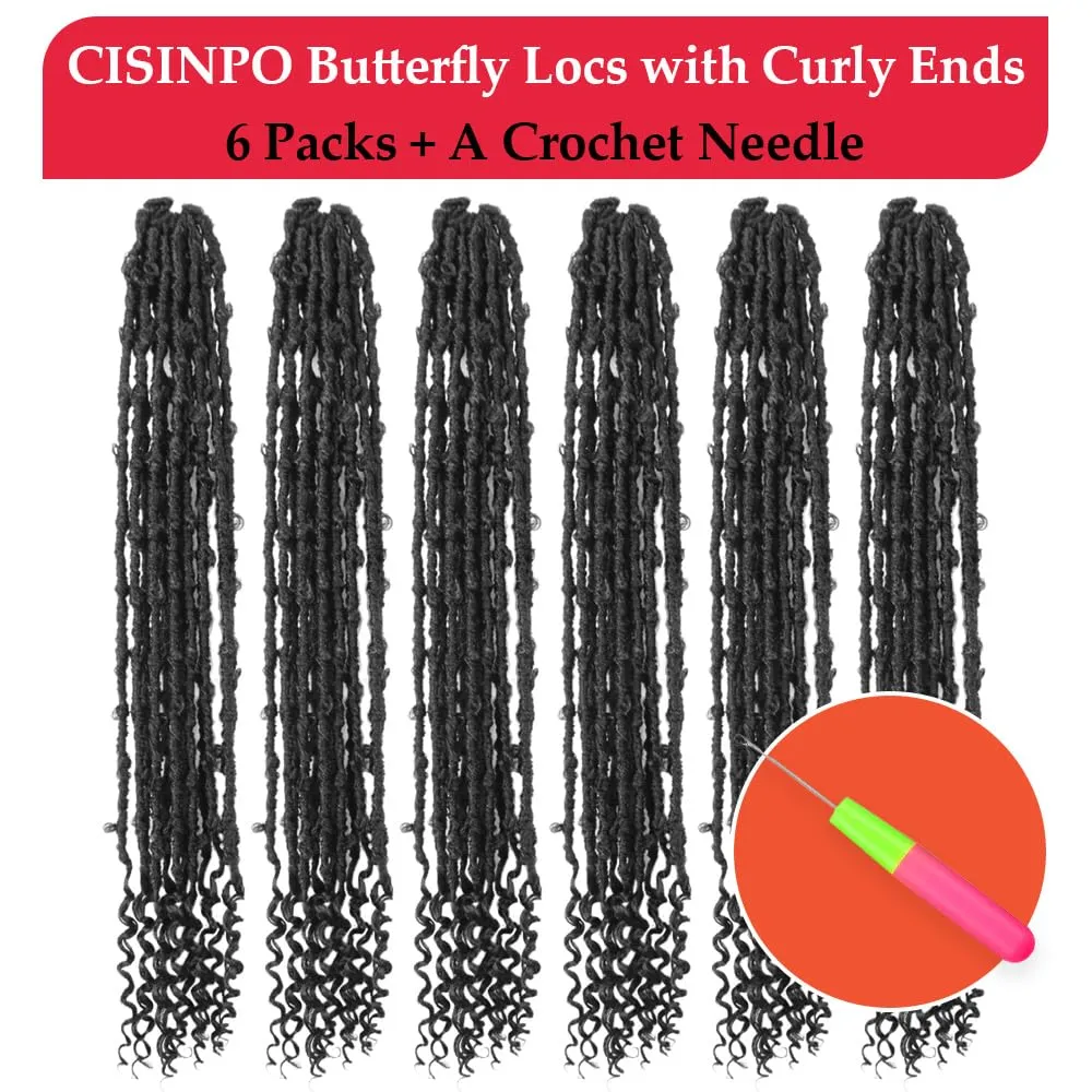Butterfly Locs with Curly End 30 Inch, 6 Packs Boho Distressed Locs Crochet Hair, Bohemian Goddess Faux Butterfly Braids with Wavy Ends (1#, Jet Black)