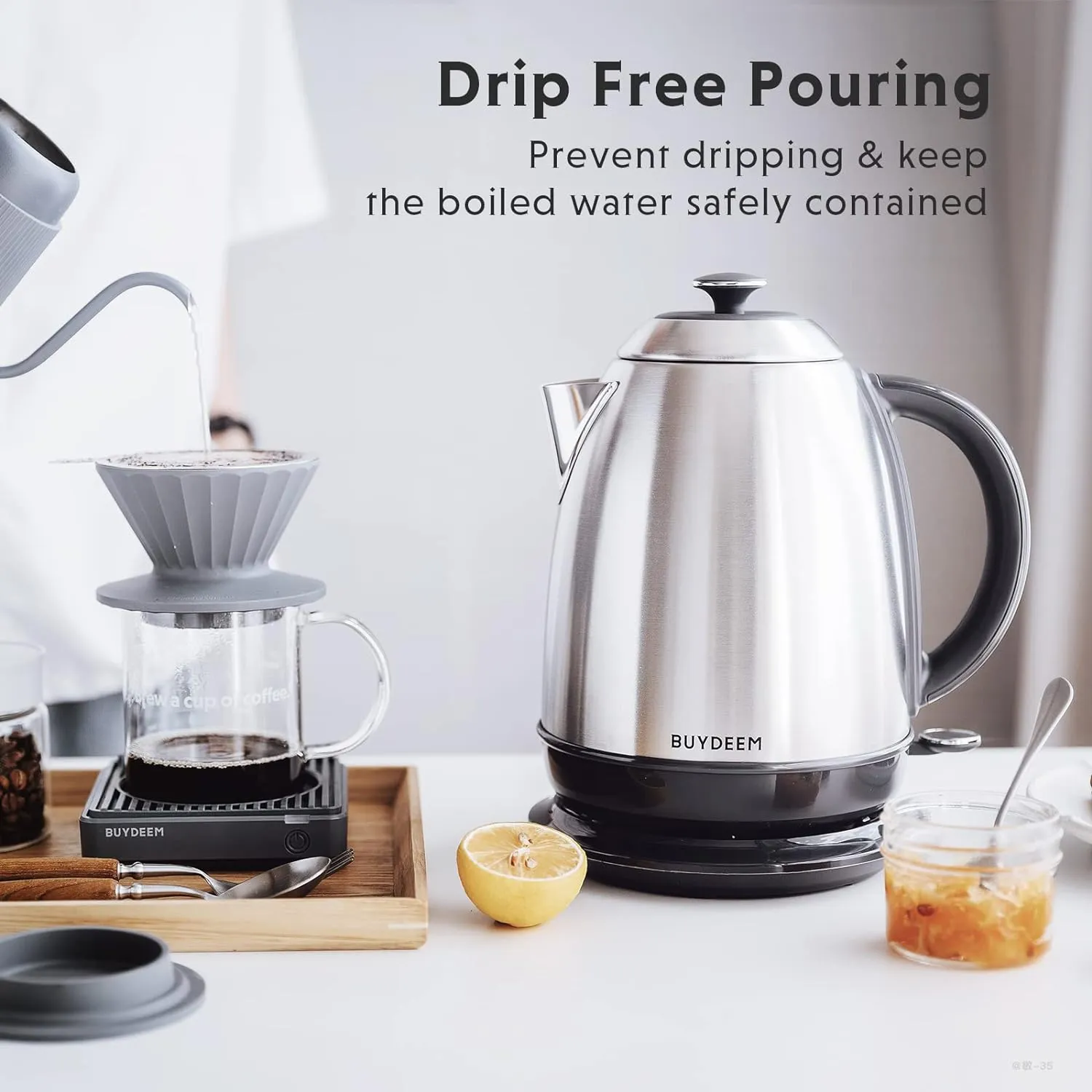 BUYDEEM K640 Stainless Steel Electric Tea Kettle with Auto Shut-Off and Boil Dry Protection, 1.7 Liter Cordless Hot Water Boiler with Swivel Base, 1440W,Retro Silver