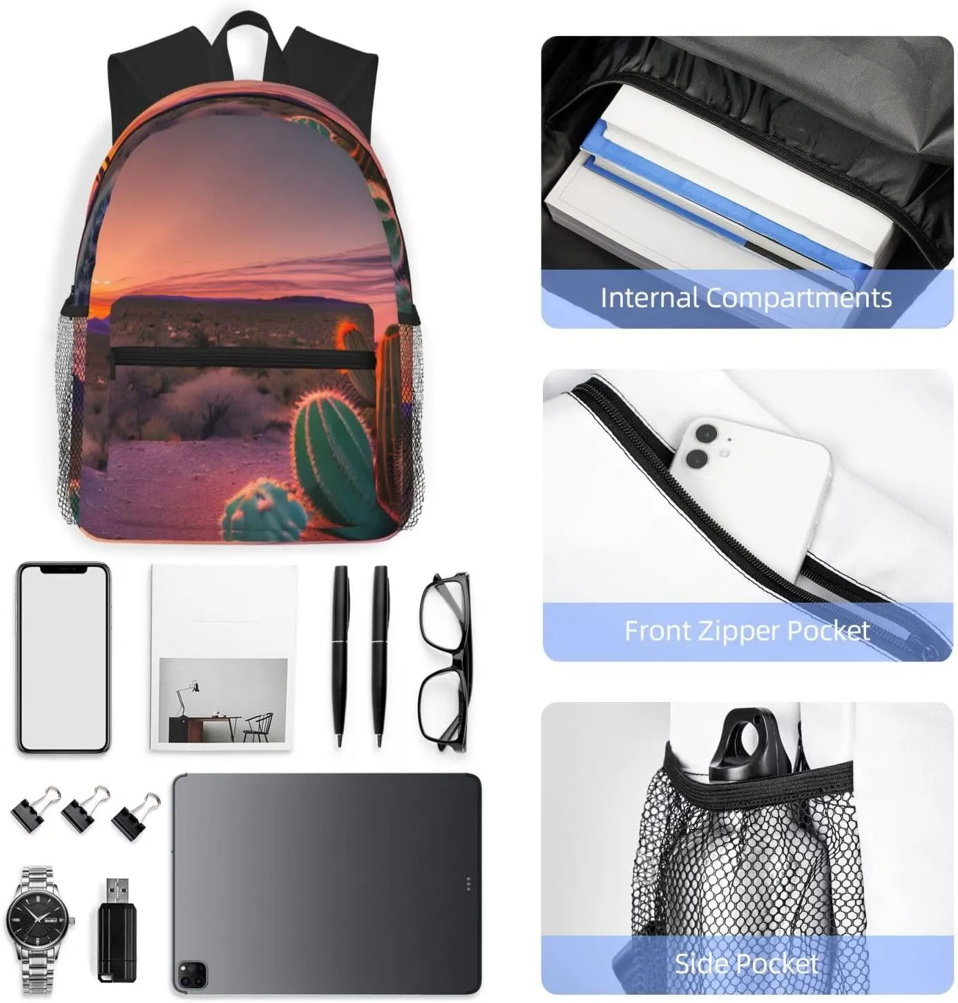 Cactus Desert Sunset Backpacks Lightweight With 1 Main Compartment, Shoulder Rucksack Carry-On