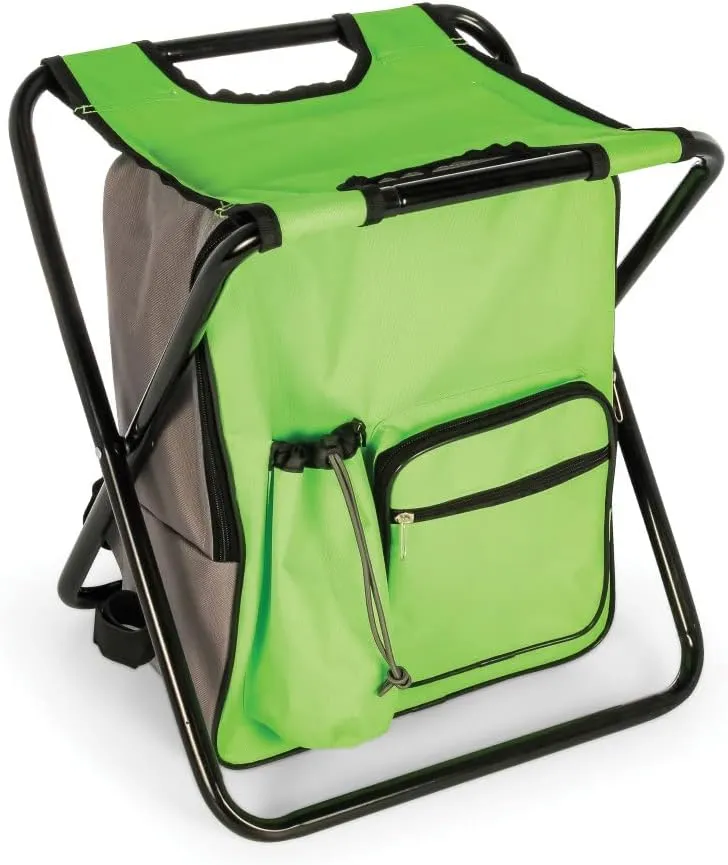Camco Folding Camping Stool Backpack Cooler Trio- Camping/Hiking Bag with Waterproof Insulated Cooler Pockets and Sturdy Legs for Seating, Great for Travel- Green (51909)