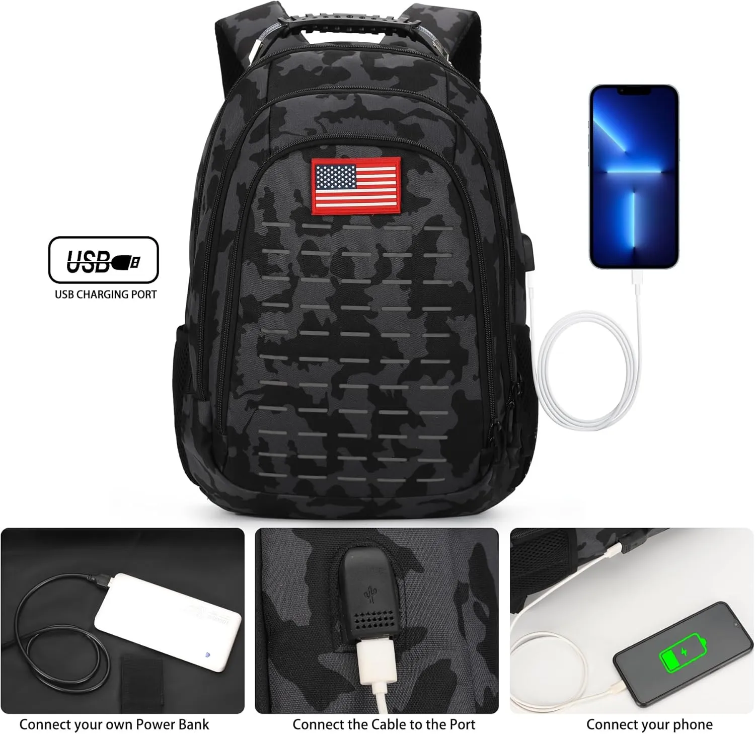 Camo Backpack,Small Tactical Backpack for outdoor,Military Teen Boys Backpacks for School with USB Charging Port,40L