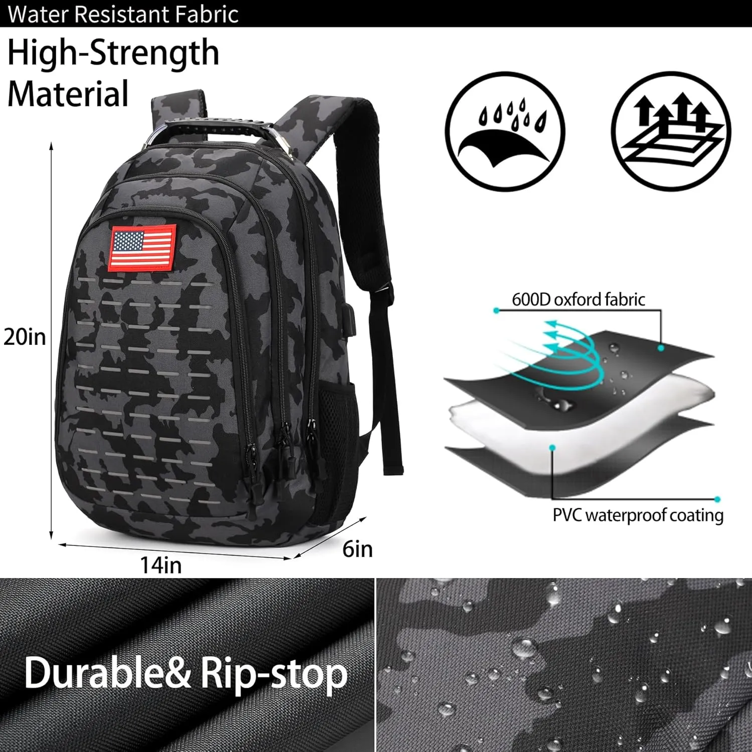 Camo Backpack,Small Tactical Backpack for outdoor,Military Teen Boys Backpacks for School with USB Charging Port,40L