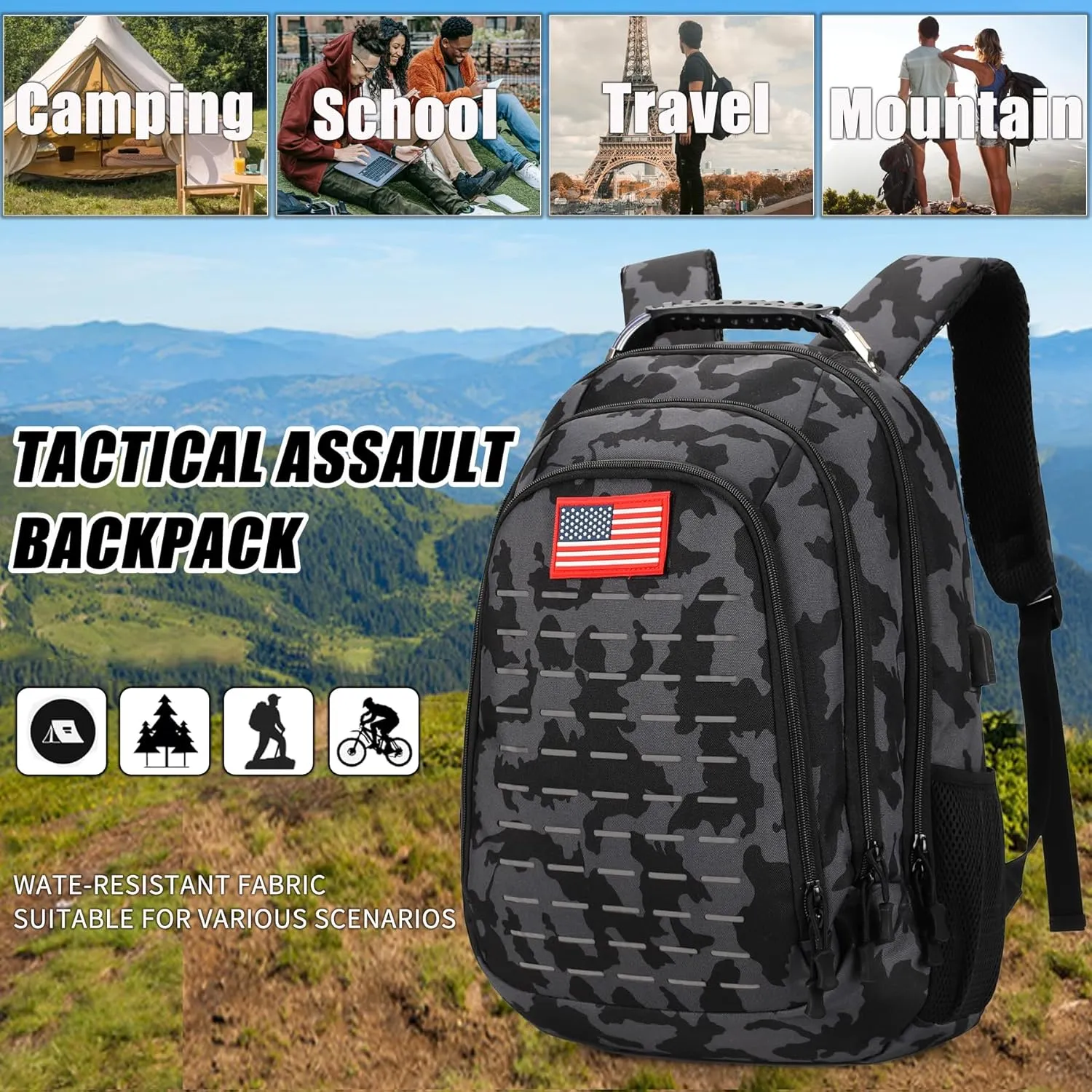 Camo Backpack,Small Tactical Backpack for outdoor,Military Teen Boys Backpacks for School with USB Charging Port,40L