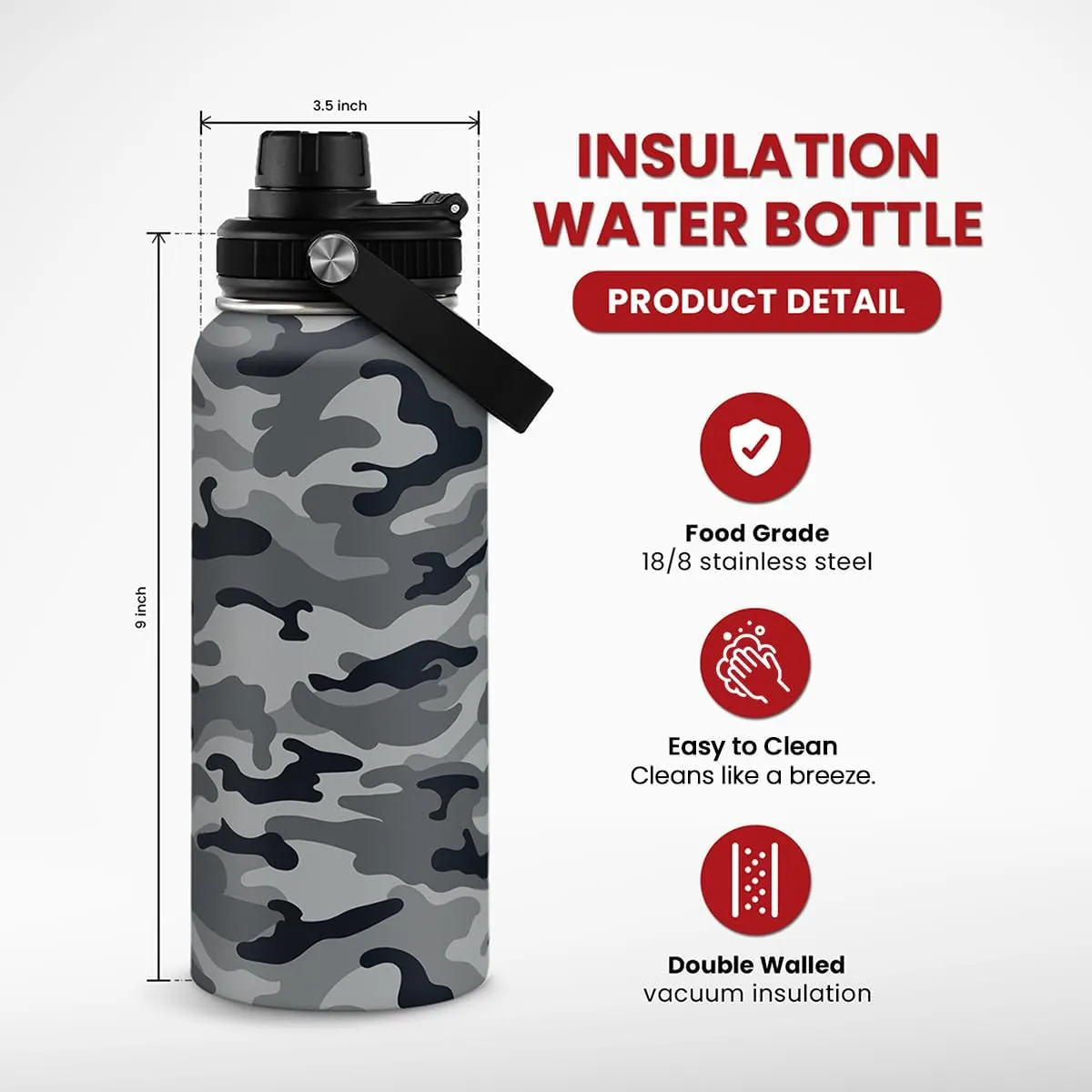 Camo Water Bottle - Camouflage Bottles 32oz Stainless Steel Insulated Sports Tumbler with Lid, Gifts for Men Veteran Hunting Lover Sport Outdoor Workout