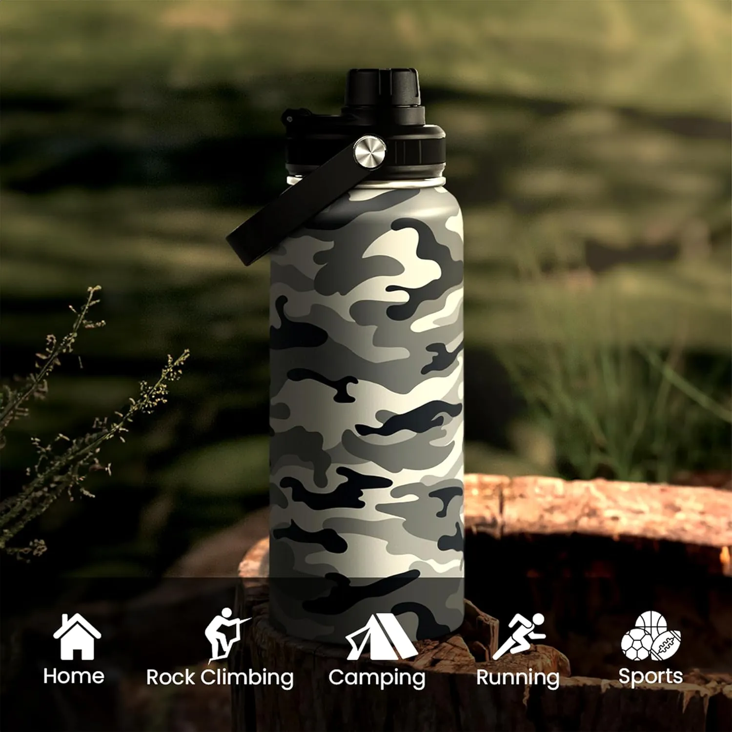 Camo Water Bottle - Camouflage Bottles 32oz Stainless Steel Insulated Sports Tumbler with Lid, Gifts for Men Veteran Hunting Lover Sport Outdoor Workout