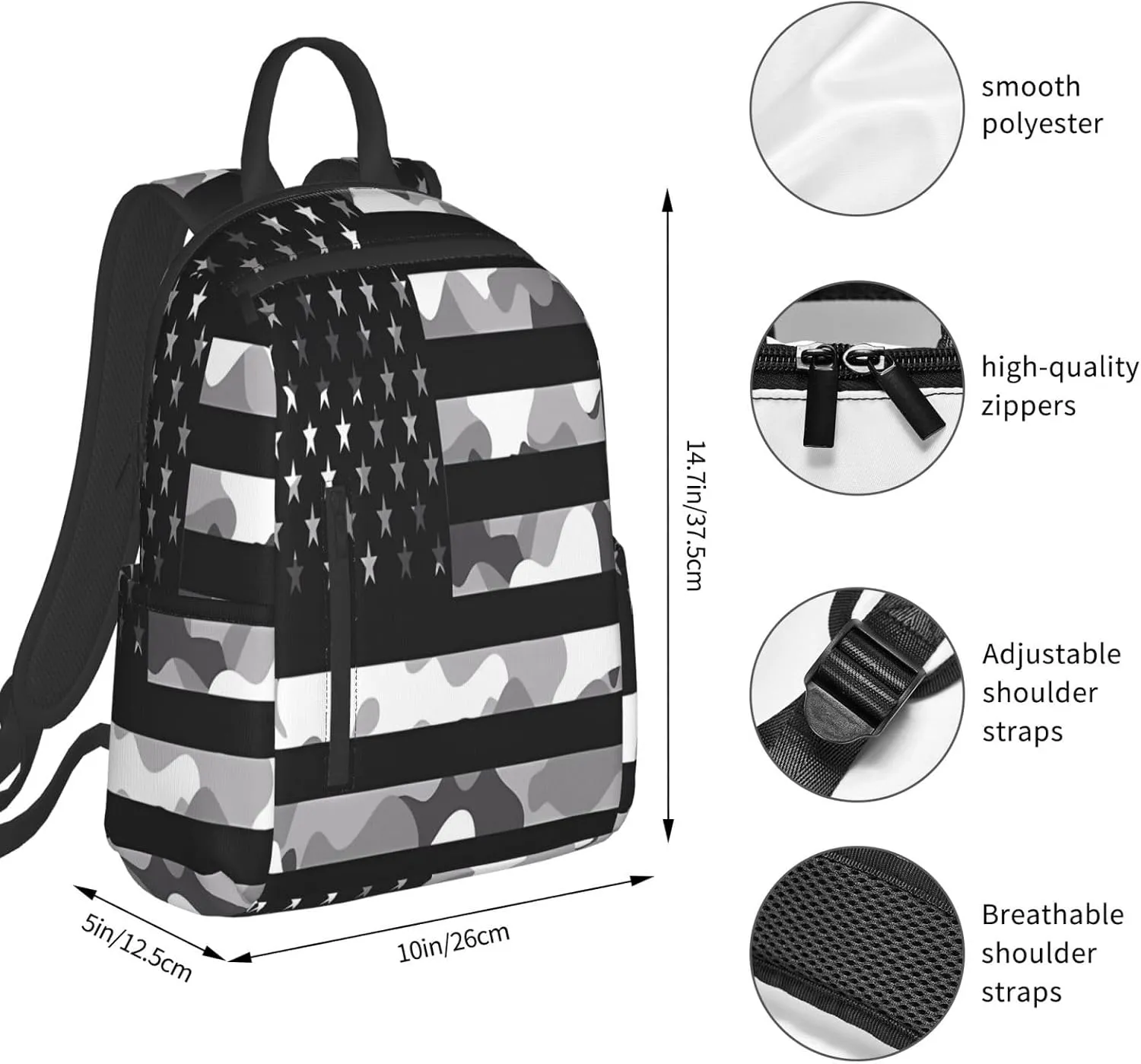 Camouflage Gray Camo American Flag Casual Backpacks Laptop Backpack Outdoor Travel Rucksack Sport Carry-On Daypack Lightweight Bag with Multi-Pockets