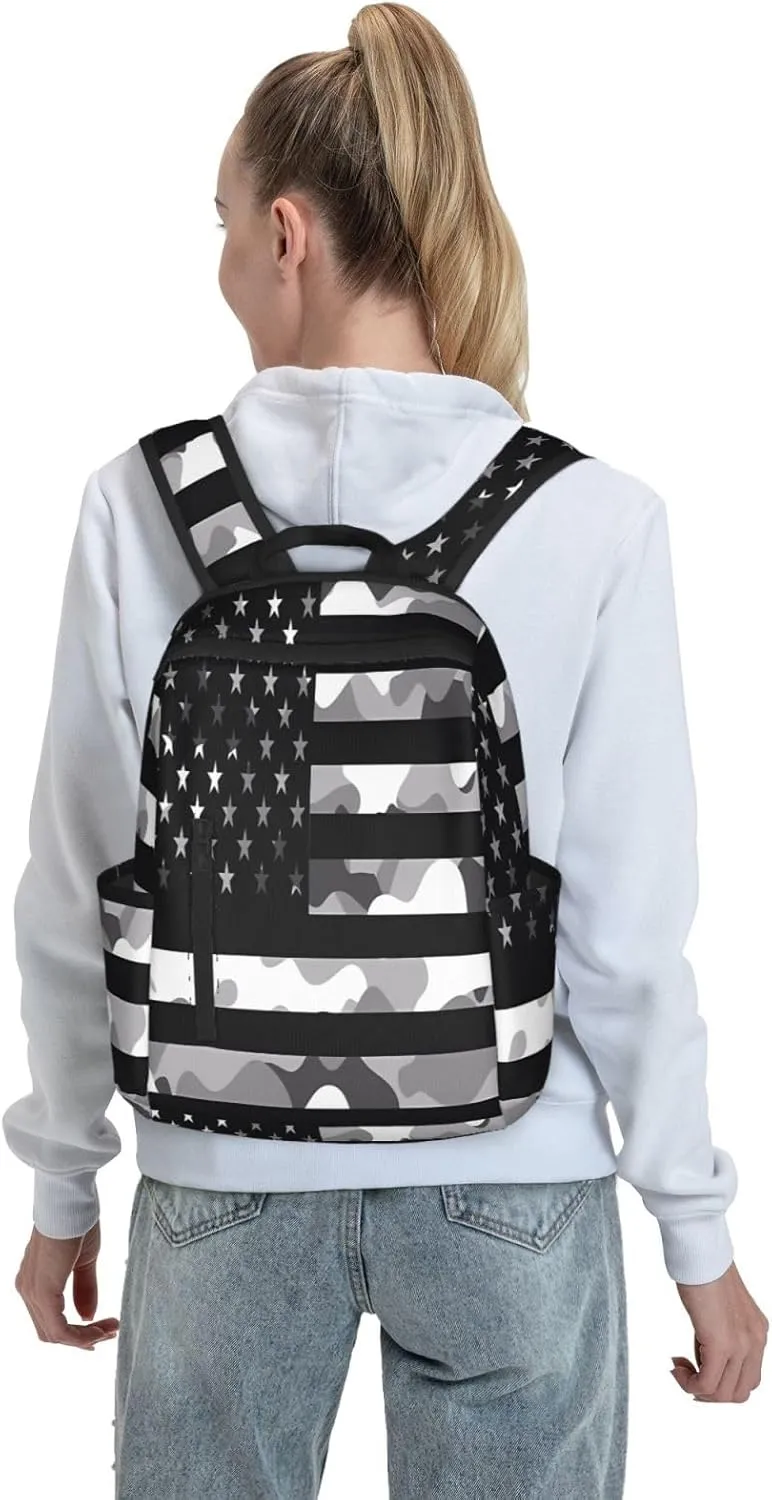 Camouflage Gray Camo American Flag Casual Backpacks Laptop Backpack Outdoor Travel Rucksack Sport Carry-On Daypack Lightweight Bag with Multi-Pockets
