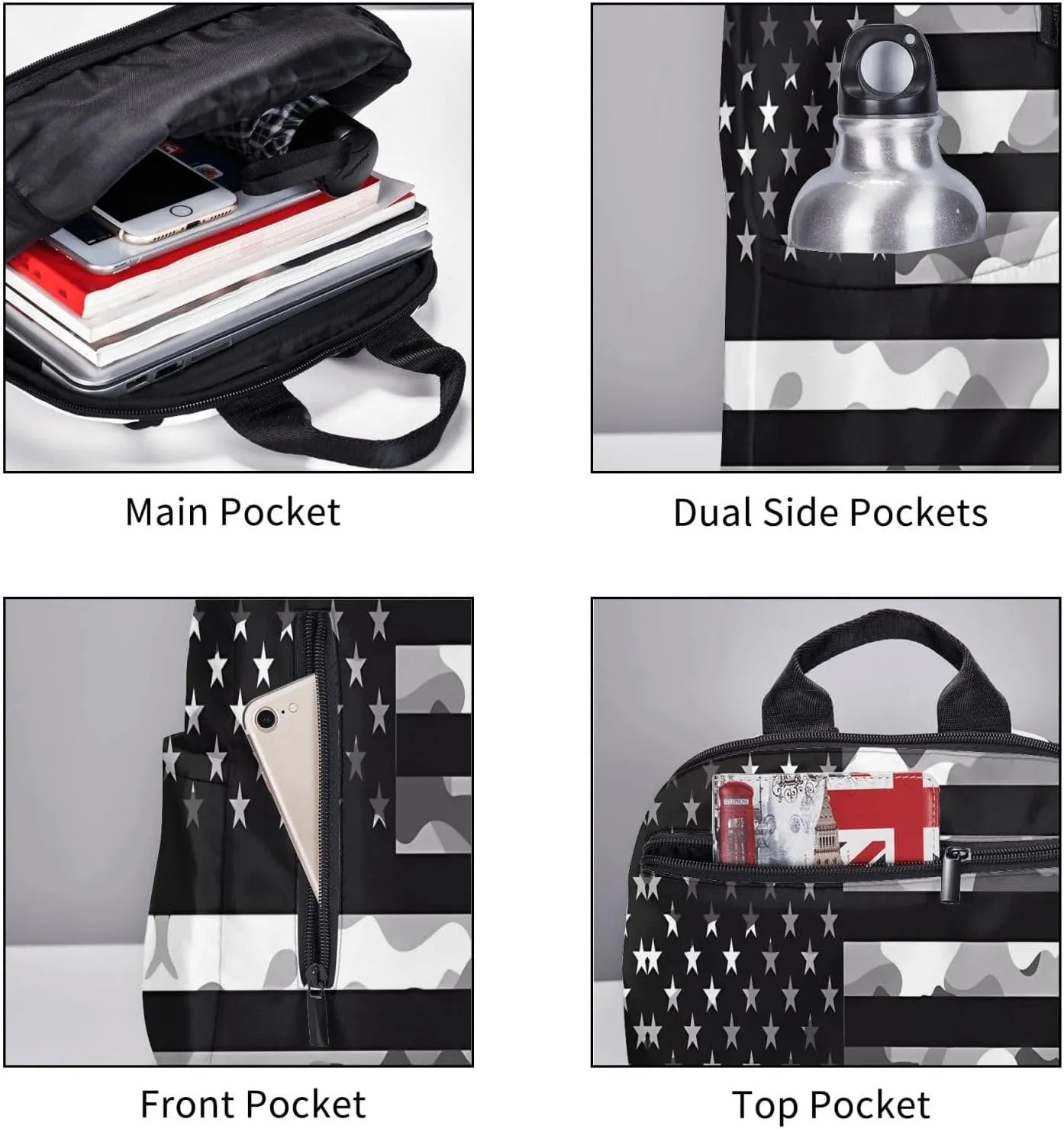 Camouflage Gray Camo American Flag Casual Backpacks Laptop Backpack Outdoor Travel Rucksack Sport Carry-On Daypack Lightweight Bag with Multi-Pockets