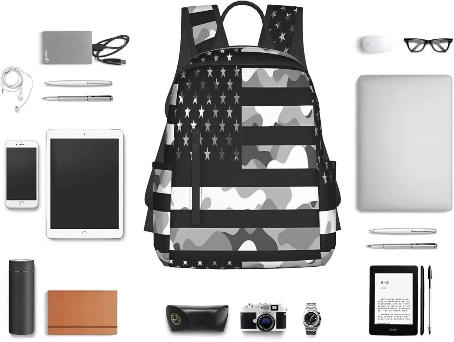 Camouflage Gray Camo American Flag Casual Backpacks Laptop Backpack Outdoor Travel Rucksack Sport Carry-On Daypack Lightweight Bag with Multi-Pockets