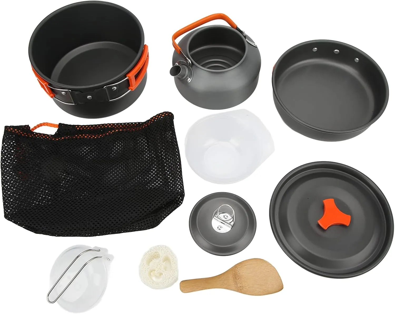 Camping Cooking Set Multilayer Portable Cookware with Teakettle Frying Pan for 2 to 3 People
