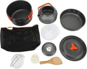Camping Cooking Set Multilayer Portable Cookware with Teakettle Frying Pan for 2 to 3 People