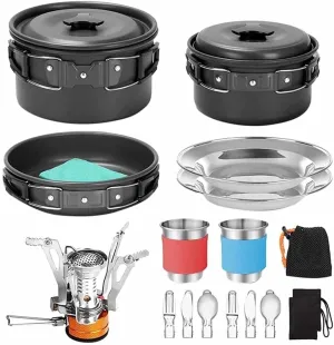 Camping Cookware Set, Non-Stick Lightweight Pot Pan Kettle Set with Stainless Steel Cups, Plates for Outdoor Cooking