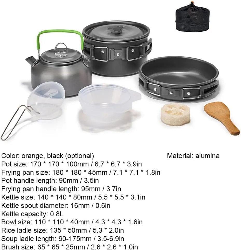 Camping Cookware Set – Portable Outdoor Picnic Kit with Alumina Pot, Frying Pan & Kettle | Lightweight (681g), Compact, Orange/Black