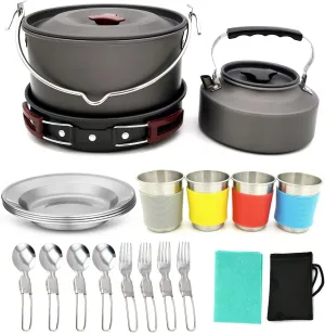 Camping Folding Aluminium Cookware Tableware Coffeepots and Mugs Set,Suitable for 4 People,Mini Camping Stove for Picnic Hiking